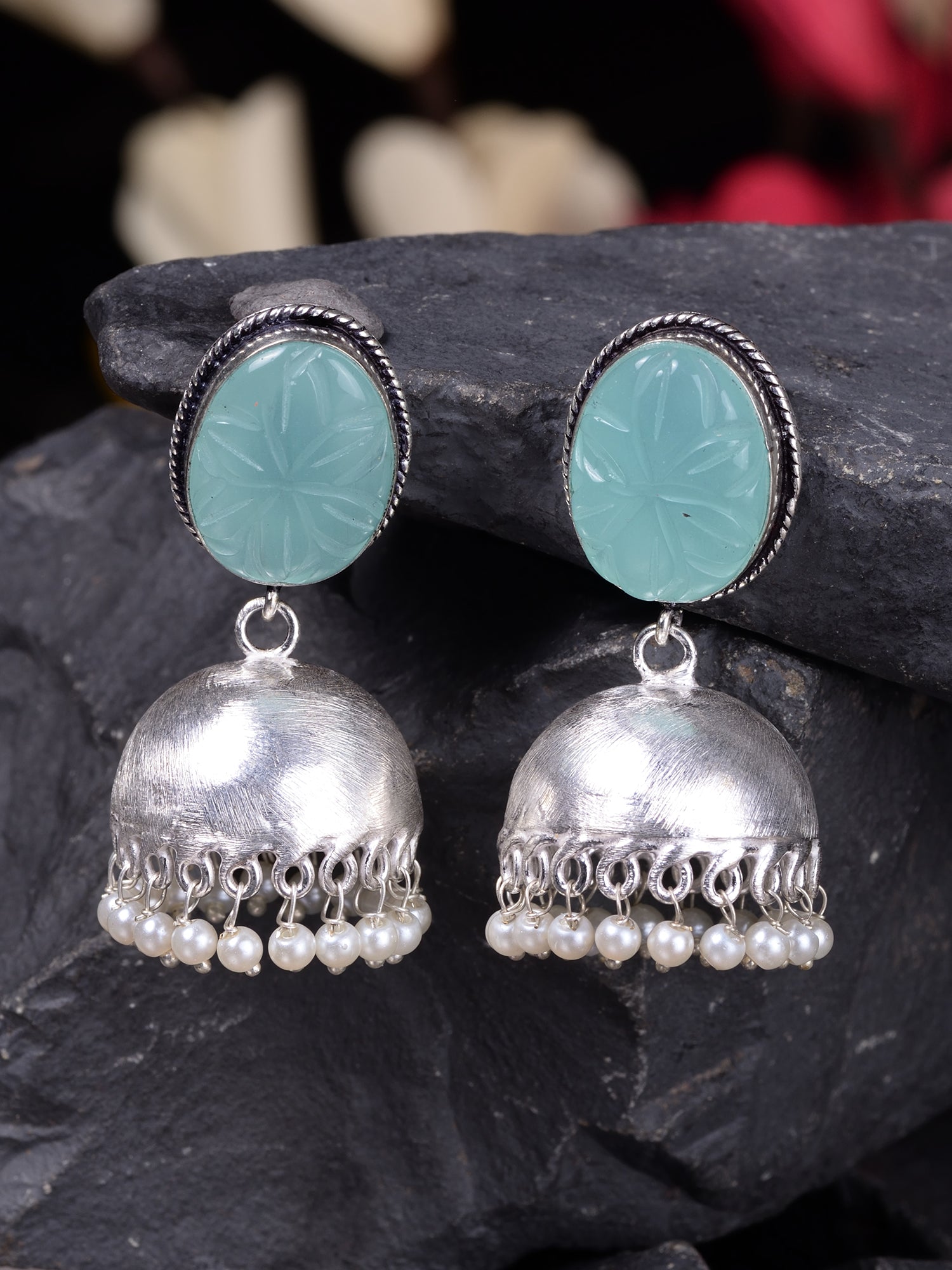 Silver Toned Turquoise Stone Studded Jhumka Earrings